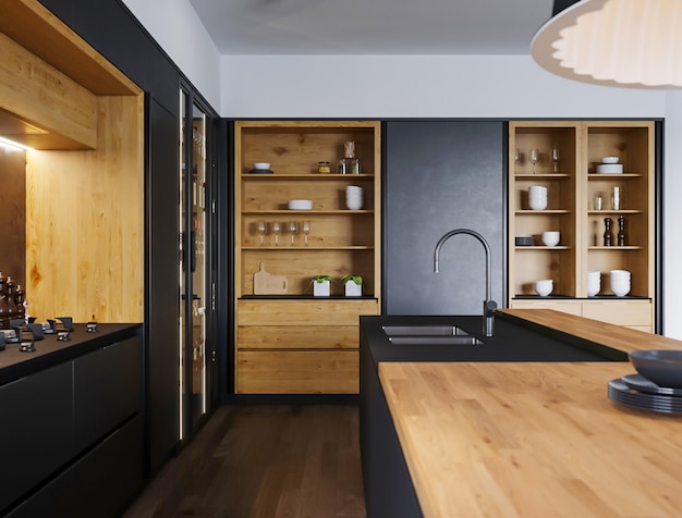 Cocina negra de lujo moderna de renderizado 3d con concepto de diseño de interiores de decoración de madera