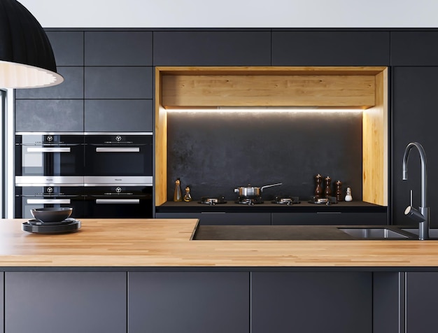 Cocina negra de lujo moderna de renderizado 3d con concepto de diseño de interiores de decoración de madera