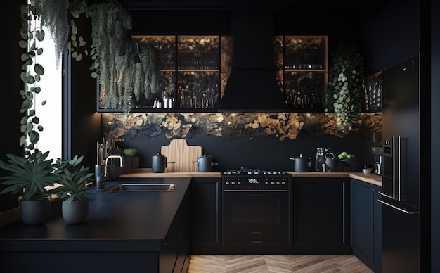 Una cocina negra con una mesa de madera. fondo de cocina moderna. interior de la habitación IA generado