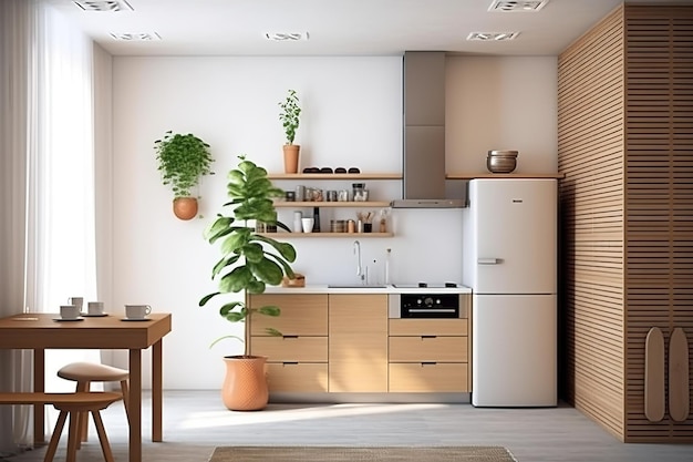 Una cocina con nevera blanca y una planta en la pared.