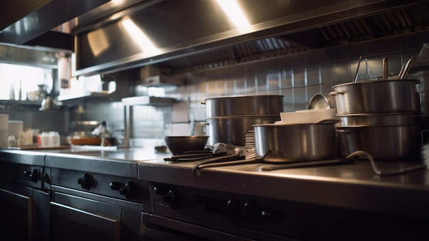 Una cocina con ollas y sartenes en el mostrador.