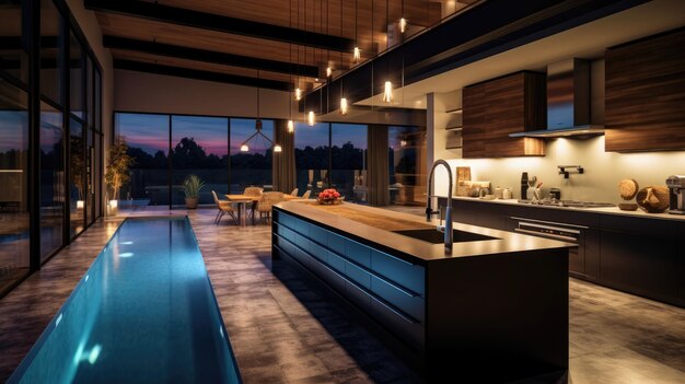 Cocina oscura moderna con vistas a la piscina