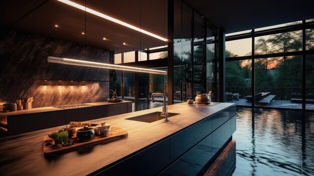 Cocina oscura moderna con vistas a la piscina