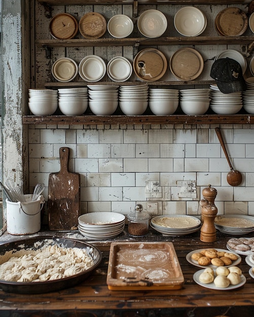 Una cocina de panadería con cuencos para mezclar papel tapiz rodante