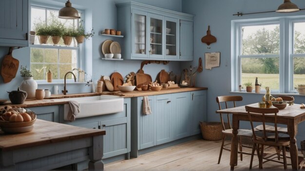 una cocina con una pared azul y un letrero que dice cocina