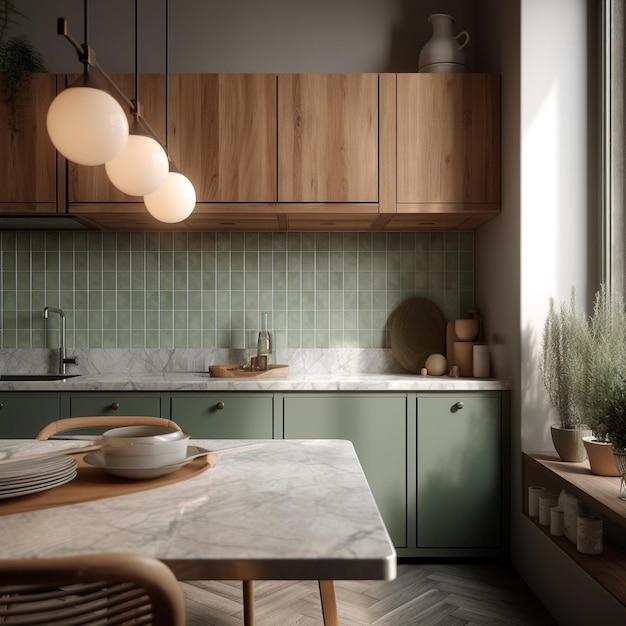 Una cocina con una pared de azulejos verdes y una mesa de madera con un plato blanco que dice "la palabra".