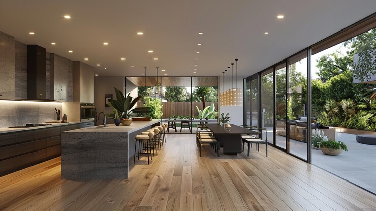 Cocina personalizada con electrodomésticos incorporados pisos de madera dura y gabinetes claros y oscuros