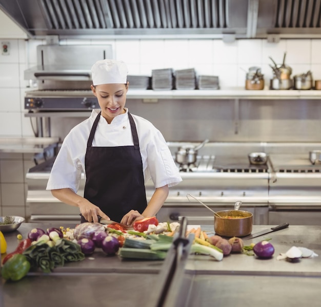 En la cocina profesional, el chef corta verduras y prepara comidas con espacio de copia enfocado.