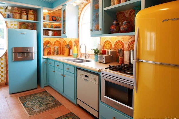 Una cocina con un refrigerador amarillo brillante y un gabinete azul con una puerta amarilla.