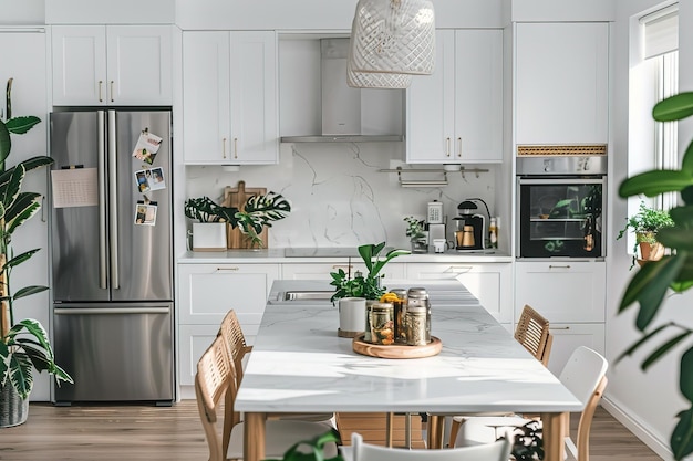 Una cocina con un refrigerador de mesa y una planta en maceta