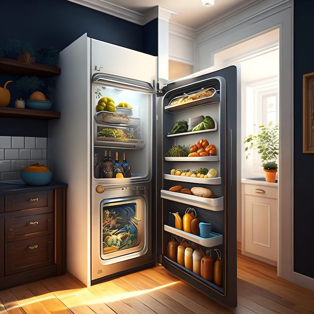 Una cocina con un refrigerador que tiene la puerta abierta y la puerta abierta.