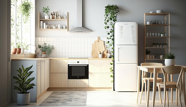Esta cocina respetuosa con el medio ambiente cuenta con un diseño escandinavo elegante y minimalista que muestra la combinación armoniosa de forma y función en una vida hogareña sostenible.