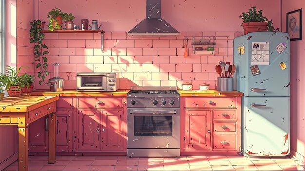 Una cocina retro con muebles de mesa y electrodomésticos de madera refrigerador con capucha de horno Sala de cocina vintage en un apartamento iluminado por la luz del sol Ilustración moderna de dibujos animados