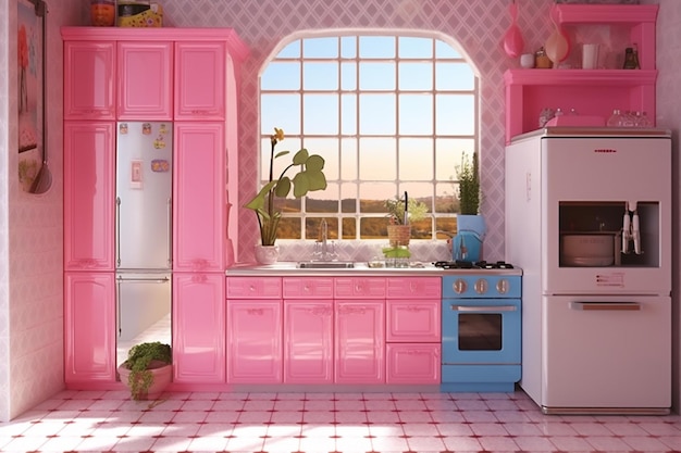 Una cocina rosa con una estufa azul y un refrigerador blanco.