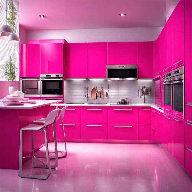 La cocina rosa moderna es una imagen real en HD.