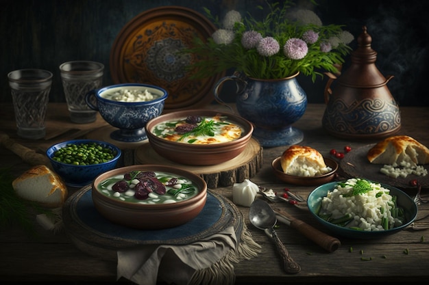 Cocina rusa con productos rusos Almuerzo y cocina nacional Comida y nutrición Sabroso conjunto de comida deliciosa Merienda auténtica tradicional y comida abundante diferentes platos
