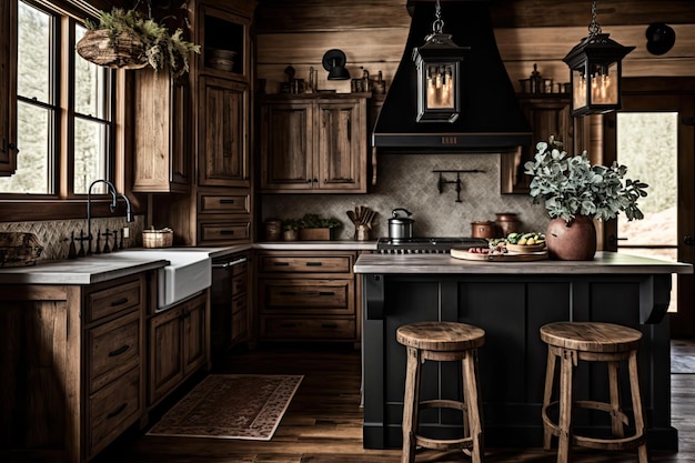 Cocina rústica de una casa de campo con gabinetes de madera, electrodomésticos negros y faroles colgantes