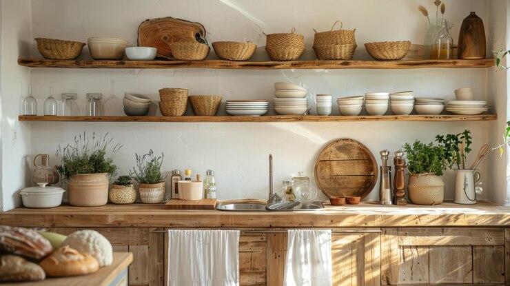 Una cocina rústica con estantes, hierbas y decoración natural en un espacio acogedor y organizado