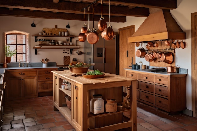 Foto cocina rústica y estilo cabaña con electrodomésticos modernos, gabinetes de madera y detalles en cobre