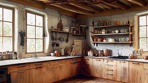 Cocina rústica de estilo rústico con madera recuperada y estanterías abiertas.