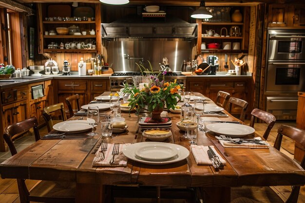 Una cocina rústica de granja con una gran mesa de madera