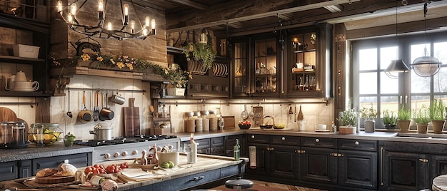 Cocina rústica de granja con vigas de madera y estanterías abiertas