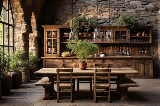 Cocina rústica con muebles de madera y hierro generativo IA.