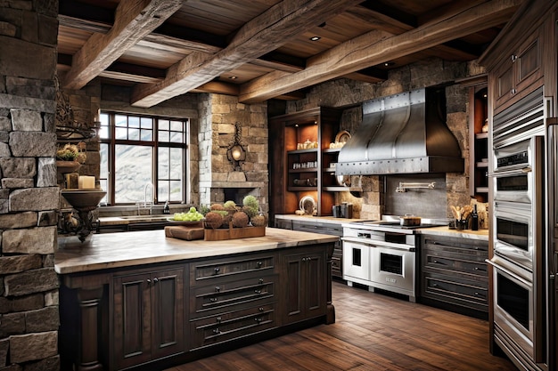 Foto cocina rústica con paredes de piedra y un techo de madera recuperada armarios de cereza oscura