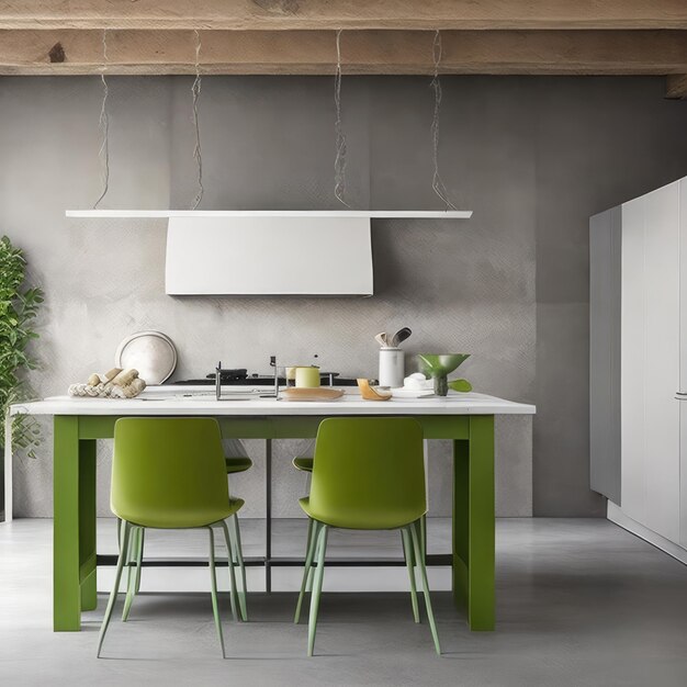 Una cocina con una silla verde y un mostrador blanco con una estufa blanca y un horno blanco.