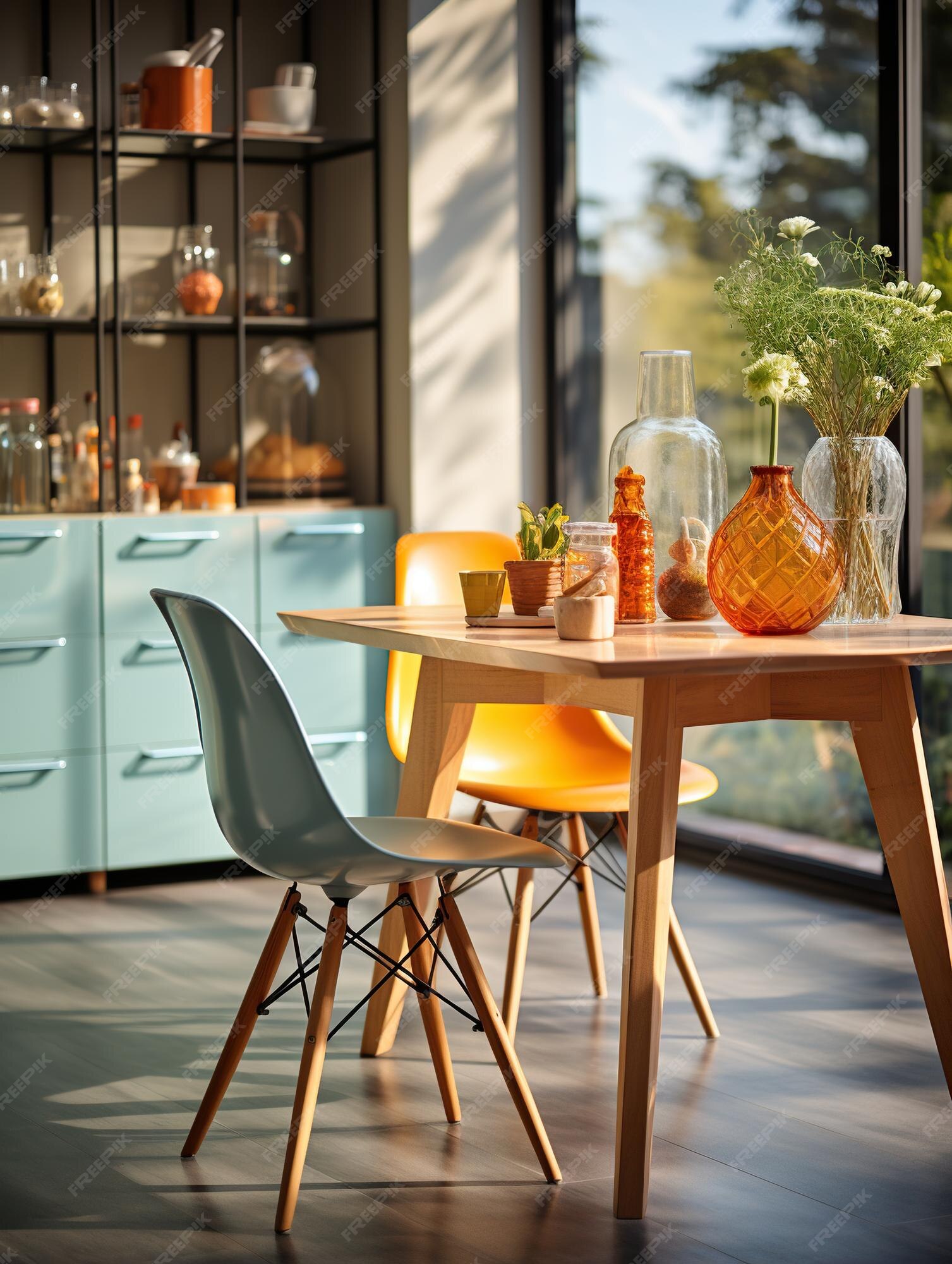 Cocina con sillas de colores y una mesa de madera al estilo del cielo claro