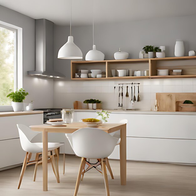 Foto una cocina con sillas de mesa y una mesa con una planta en ella