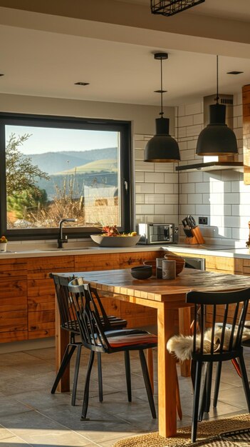 Cocina con sillas de mesa y ventana