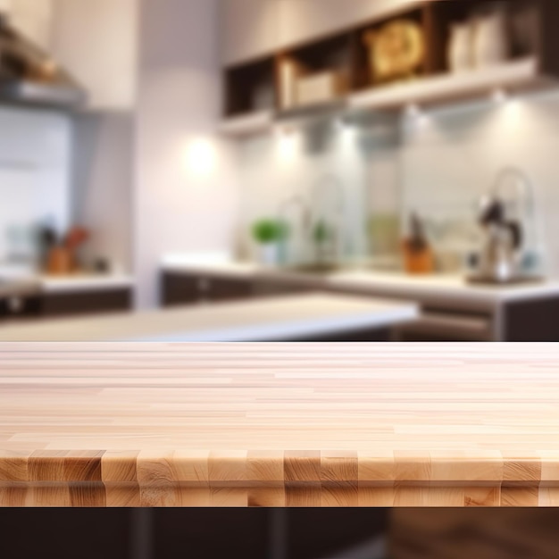 Una cocina con sobre de madera y una cocina al fondo.