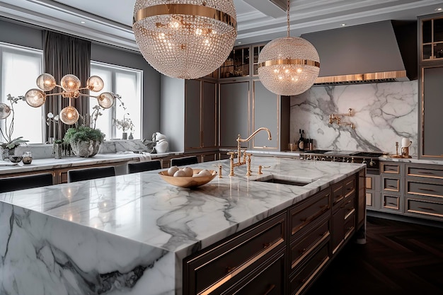 Foto una cocina con sobres de mármol y un gran candelabro