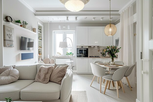 Foto una cocina con un sofá blanco y una mesa con sillas y una ventana