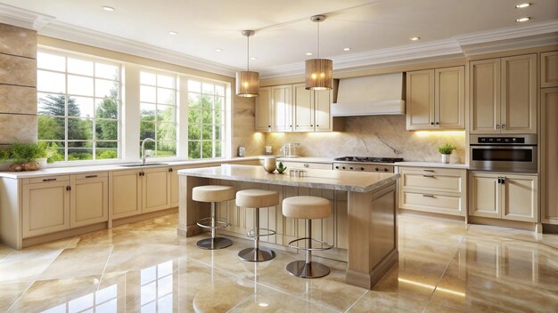 Una cocina sofisticada con tonos beige y crema un podio de mármol beige en un piso de azulejos crema bañado en suave luz natural
