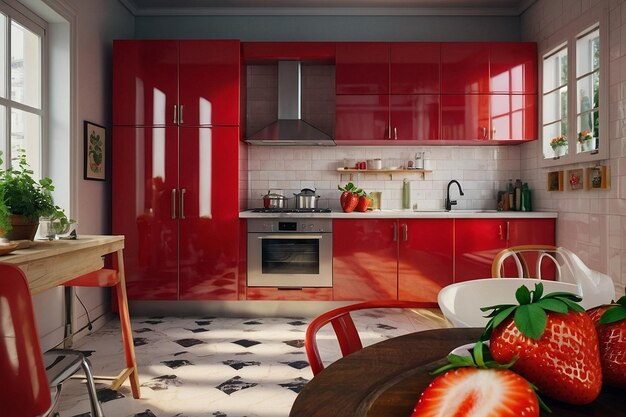 Foto una cocina con tema de fresa con una decoración en forma de fresa