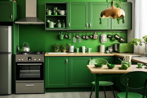 Una cocina de tema verde con imanes de trébol en el refrigerador