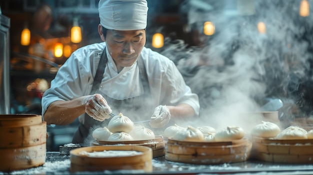 En una cocina típica, un chef chino está cocinando panes al vapor y se satisface con panes perfectos y espacio.