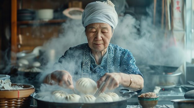 En una cocina típica, la señora chef china está cocinando panes a vapor y se satisface a sí misma.