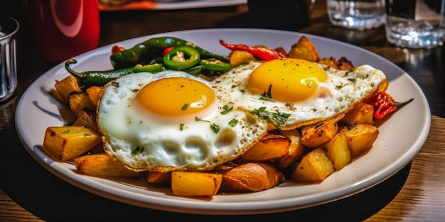 Cocina tradicional española Patatas a la pobre con huevos y pimientos fritos