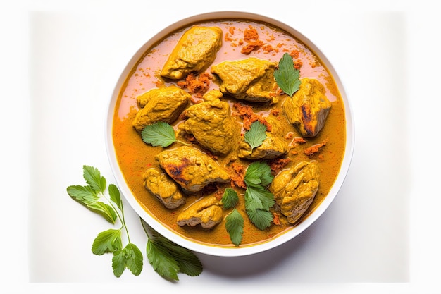 Cocina tradicional india como el curry de pollo aislado en un fondo blanco