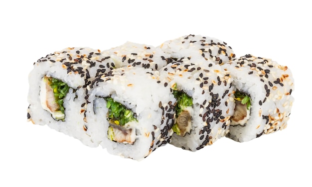 Cocina tradicional japonesa Maki Roll con queso crema Nori y anguila aislado sobre fondo blanco aislado sobre fondo blanco