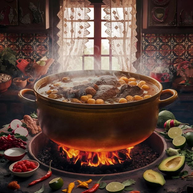 una cocina tradicional mexicana con una olla grande de pozole burbujeando sobre una llama abierta rodeada de