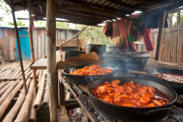 Una cocina tradicional mexicana con ollas hirviendo salsa de chilaquiles