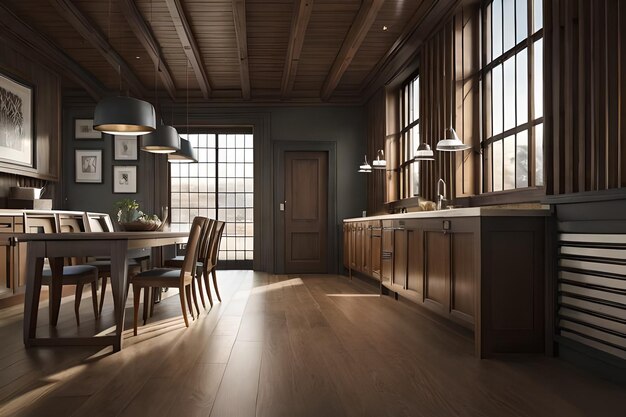 Una cocina con una ventana grande y una mesa con sillas y una mesa.