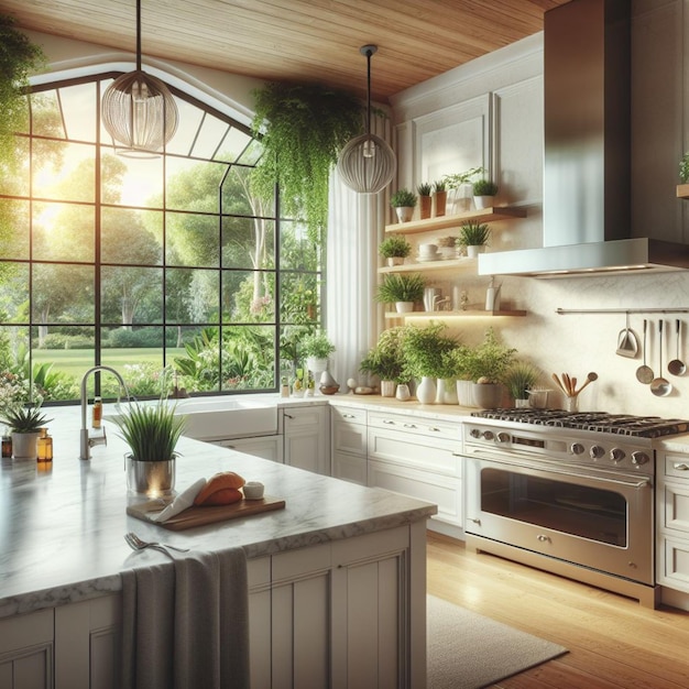 una cocina con una ventana que tiene una vista al exterior