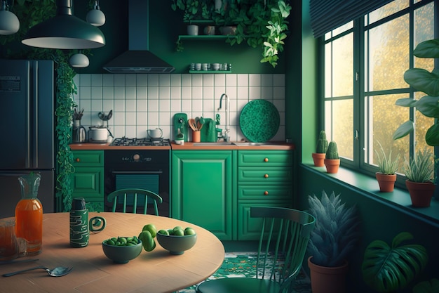 Una cocina verde con una mesa y sillas y una ventana con una planta verde.