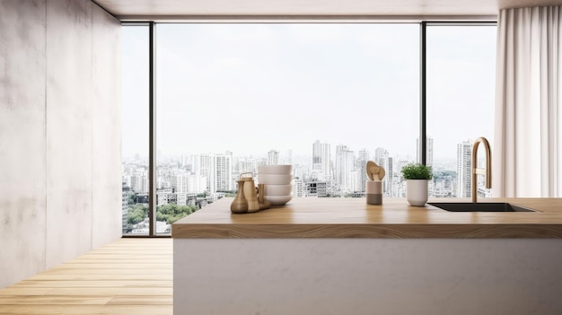 Una cocina con vista a la ciudad.