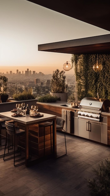 Una cocina con vista a la ciudad